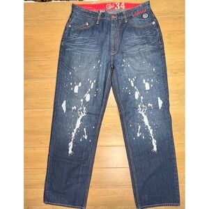 G Unit Mens Paint Splatter Baggy Jeans Blue Denim Red Trim 34x34 Vintage Y2K